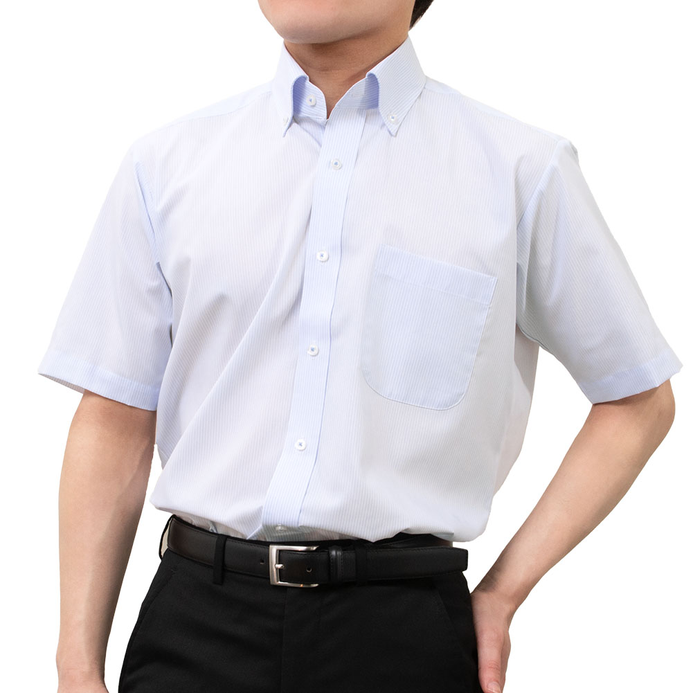 半袖ワイシャツ ストライプ ブルー 接触冷感 UVカット 遮熱 透けにくい