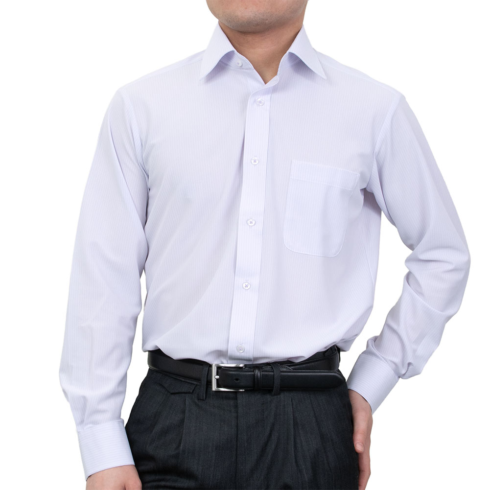 ニットシャツ(裄詰不可) ストライプ パープル ニット 吸水速乾 KAZAC