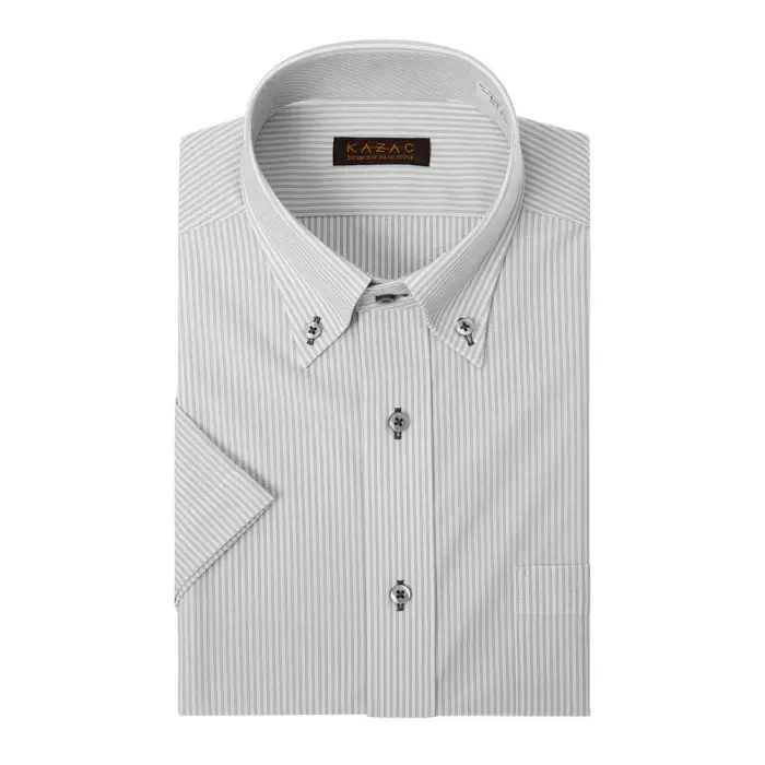 ニット ワイシャツ ※裄詰め対応不可 メンズ 半袖 ノーアイロン ストレッチ ボタンダウン グレー ストライプ