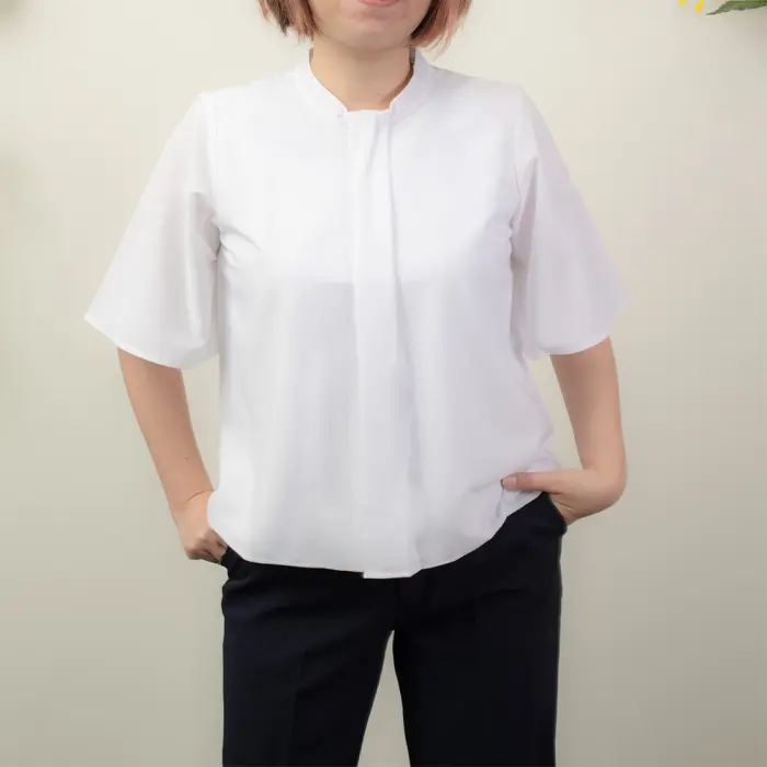 半袖トリコットボウダイ風ブラウス、吸汗速乾、UVカット、透け防止、前身二重仕様、ノンアイロン、ストレッチ、レディース、ブラウス、ONでもOFFでも着こなせます