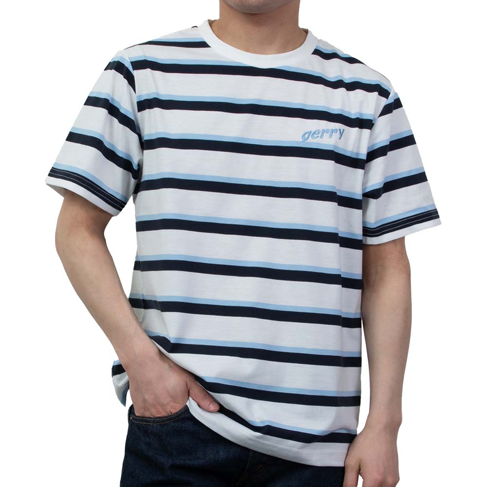 黒×青色ボーダー グレーTシャツ GERRY刺繍付き クルーネック（ラッピング不可）