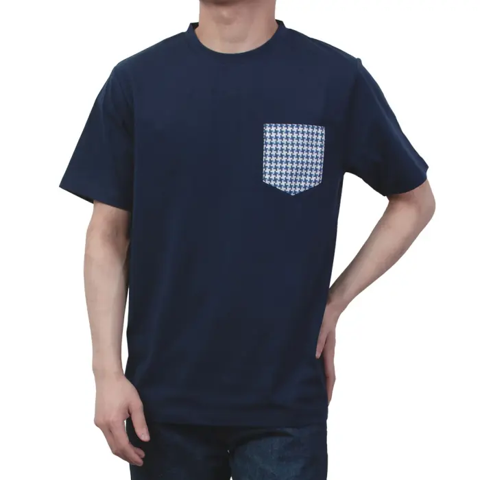 ネイビーＴシャツ　クルーネック　胸ポケット　千鳥ドビー生地