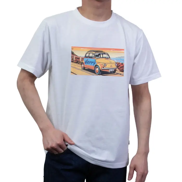 白Ｔシャツ　プリント　クルーネック　ヴィンテージ風　車