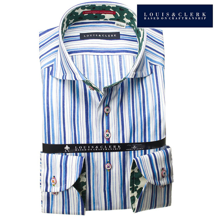 ◆ブランド／LOUIS & CLERK◆商品ジャンル／長袖ワイシャツ◆サイズ展開／S,M,L,LL,3L,◆シルエット／コンフォート◆衿型／カッタウェイ◆袖丈／長袖◆色／ブルー◆柄／ストライプ