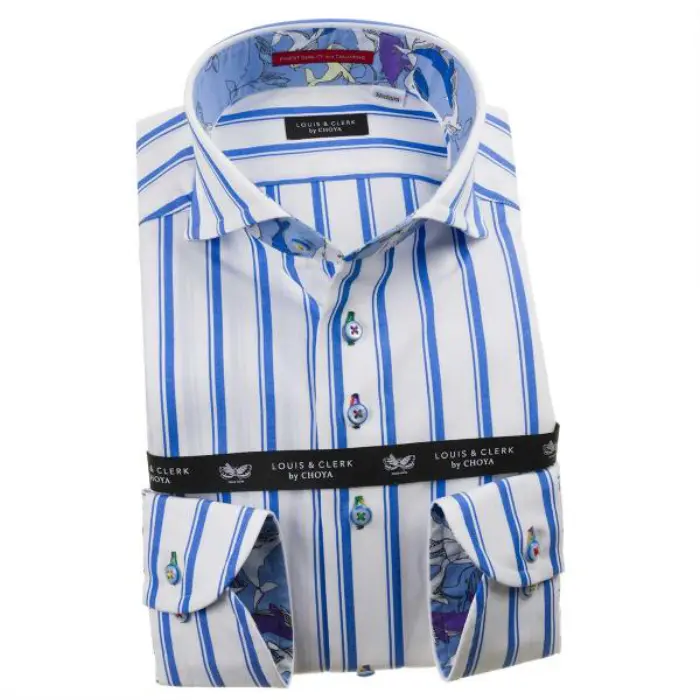 国産長袖綿100％ドレスシャツ コンフォート カッタウェイワイドカラー シックシンストライプ ホワイト スカイブルー 1912