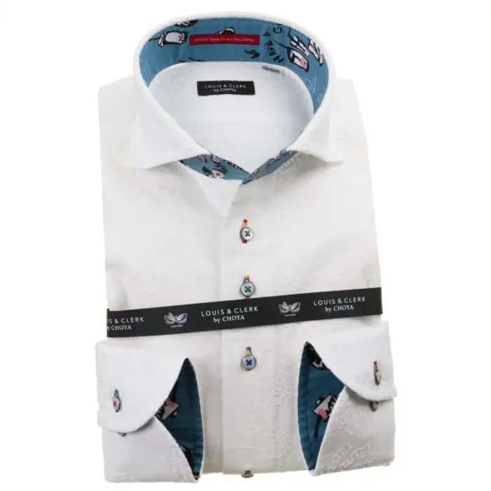 国産長袖綿100％ドレスシャツ コンフォート カッタウェイワイド ホワイト 刺繍生地 花 太陽 渦 1912