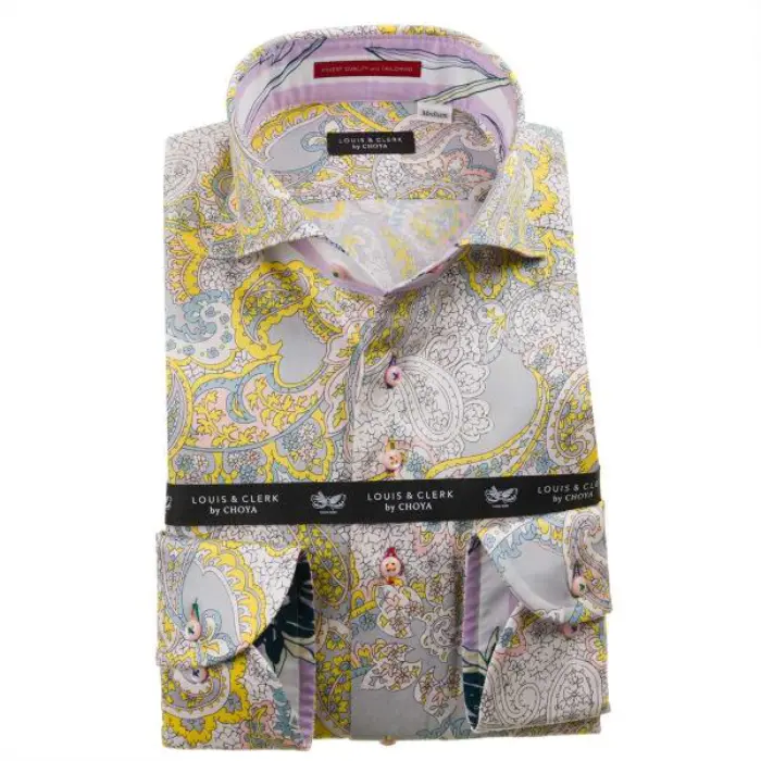 国産長袖綿100％ドレスシャツ コンフォート カッタウェイワイド ペイズリー総柄プリント イエロー ホワイト グレー 1912