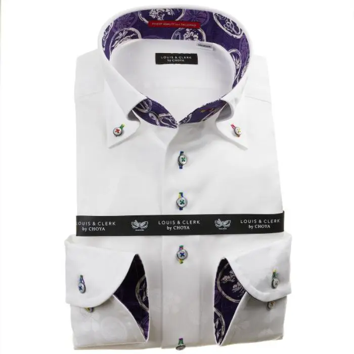 国産長袖綿100％ドレスシャツ ボタンダウン コンフォート ホワイト ジャガード織柄 家紋 ファミリークレスト 1912