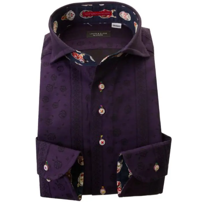 国産長袖綿100％ドレスシャツ 胸ポケット無 コンフォート カッタウェイワイドカラー 濃紫 ジャガード織 デザインストライプ 花柄