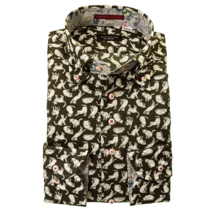 国産長袖ドレスシャツ 綿100％ コンフォート ボタンダウンカラー ポプリン プリント 猫 キャット