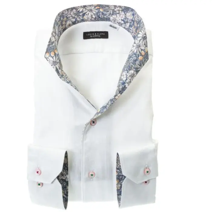 国産綿100％長袖ドレスシャツ コンフォート イタリアンススキッパースタンド ホワイト ストライプ ジャガード織 花柄