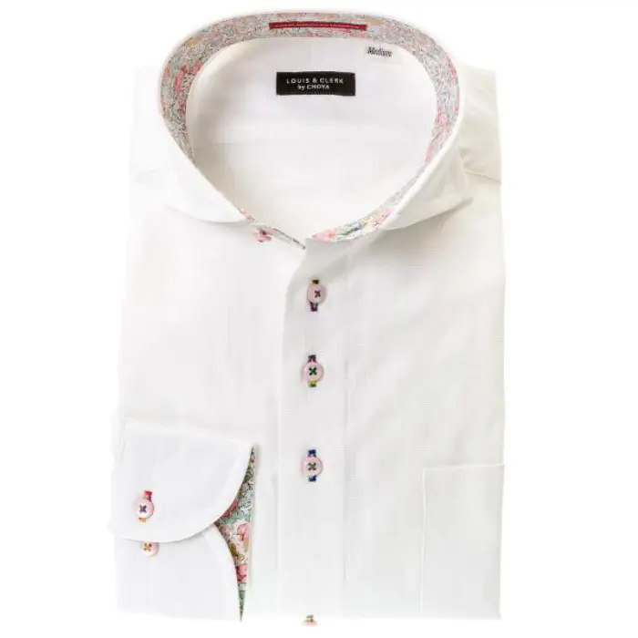 国産綿100％長袖ドレスシャツ レギュラーフィット カッタウェイ ワイド ホワイト 白 ジャガード織 モザイクチェック 和柄 胸ポケット有