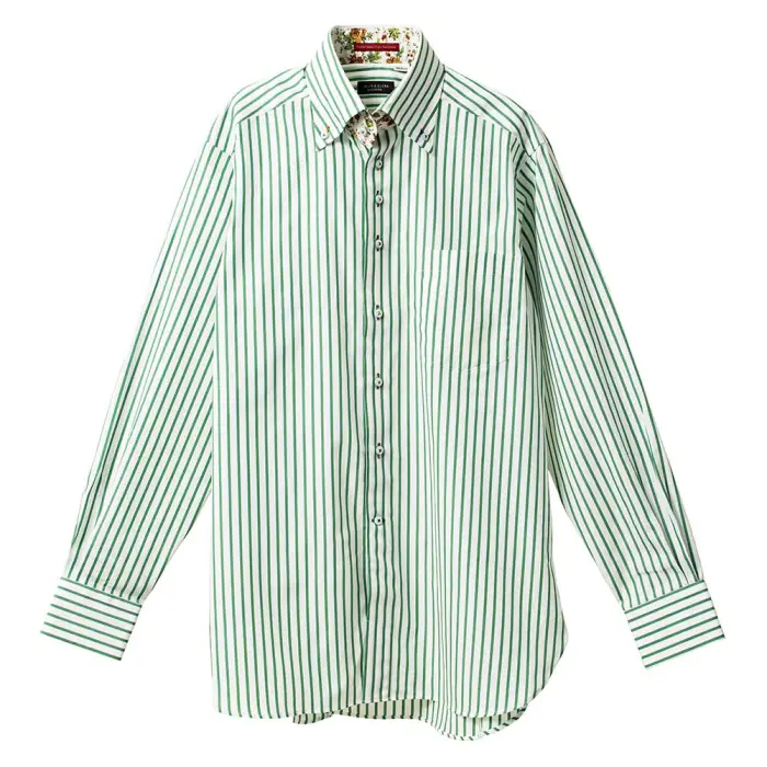 国産 綿100％ 長袖 ドレスシャツ レギュラーフィット ボタンダウン グリーン 緑 ペンシルストライプ 胸ポケット有