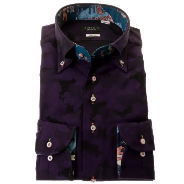 国産長袖綿100％ドレスシャツ ボタンダウン スリムフィット 胸ポケット無 ダークパープル 濃紫 ジャガード織柄 迷彩柄風 日本地図 マップ