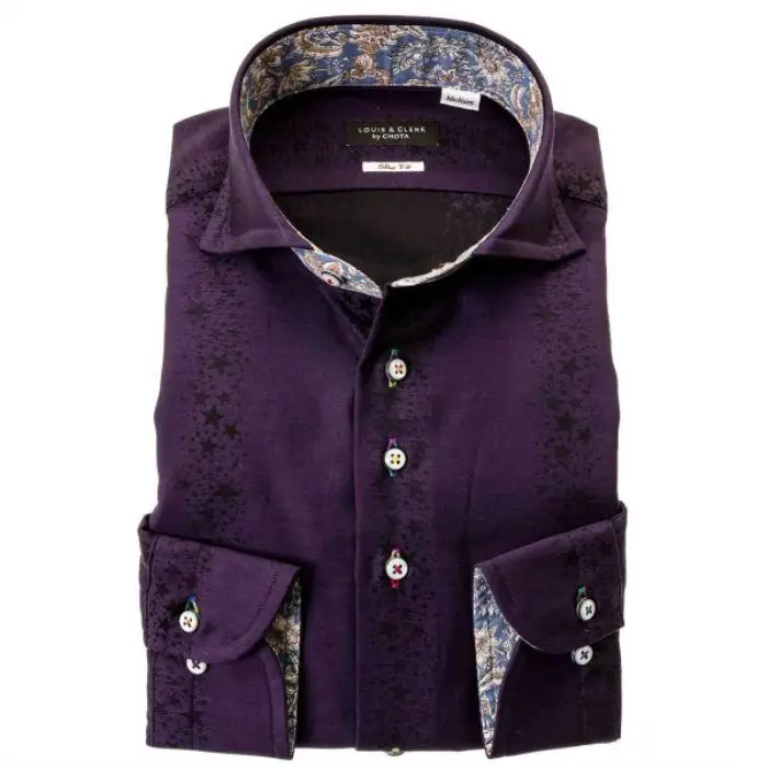 国産綿100％長袖ドレスシャツ スリムフィット カッタウェイワイド 胸ポケット無 ダークパープル 紫色 ジャガード織 流れ星ストライプ