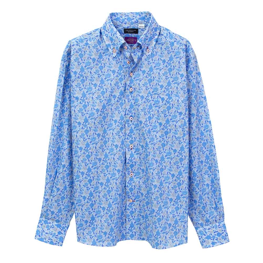 ワイシャツ 花柄 リバティプリント フローラル・オベーション タナローン ＜Floral Ovation＞ 草木、ボタニカル ブルー   LOUIS & CLERK