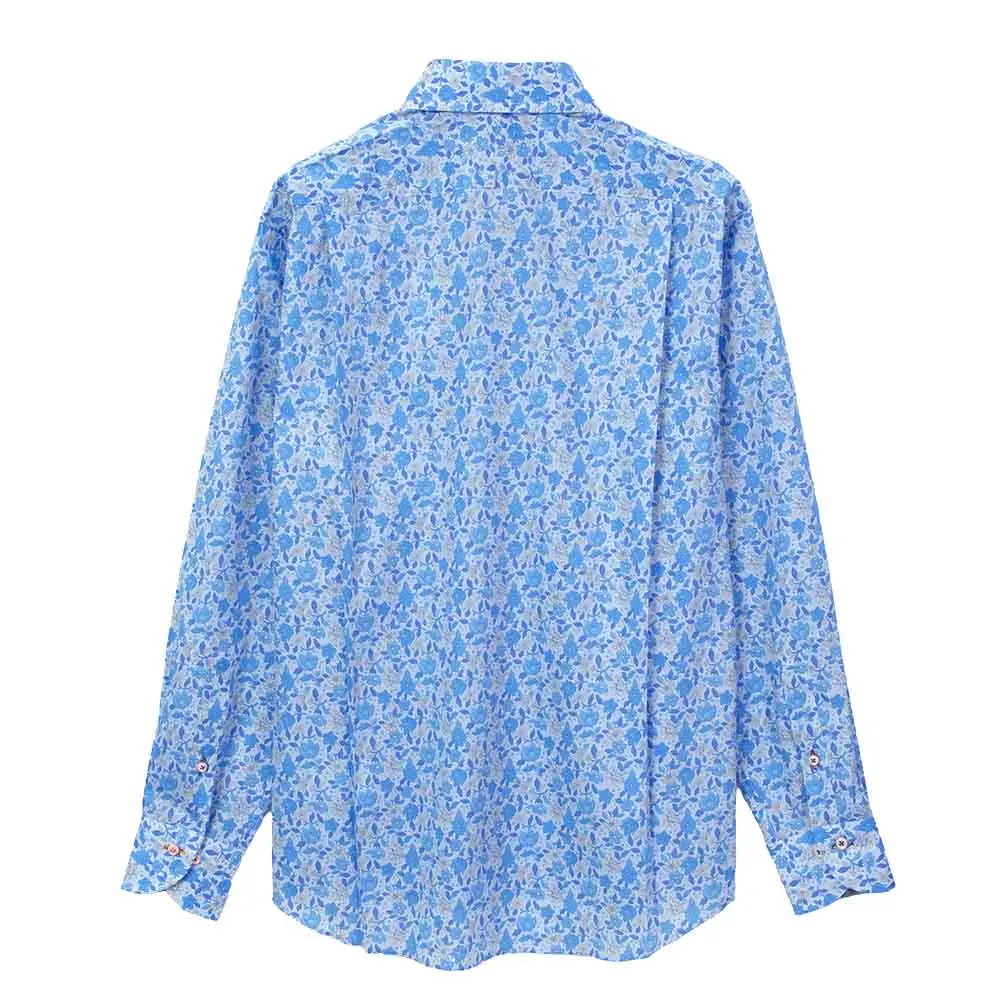 ワイシャツ 花柄 リバティプリント フローラル・オベーション タナローン ＜Floral Ovation＞ 草木、ボタニカル ブルー   LOUIS & CLERK