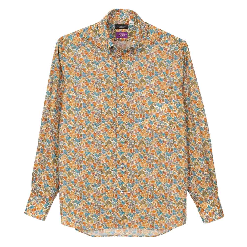 ワイシャツ 花柄 プリント 草木、ボタニカル 総柄 レッド