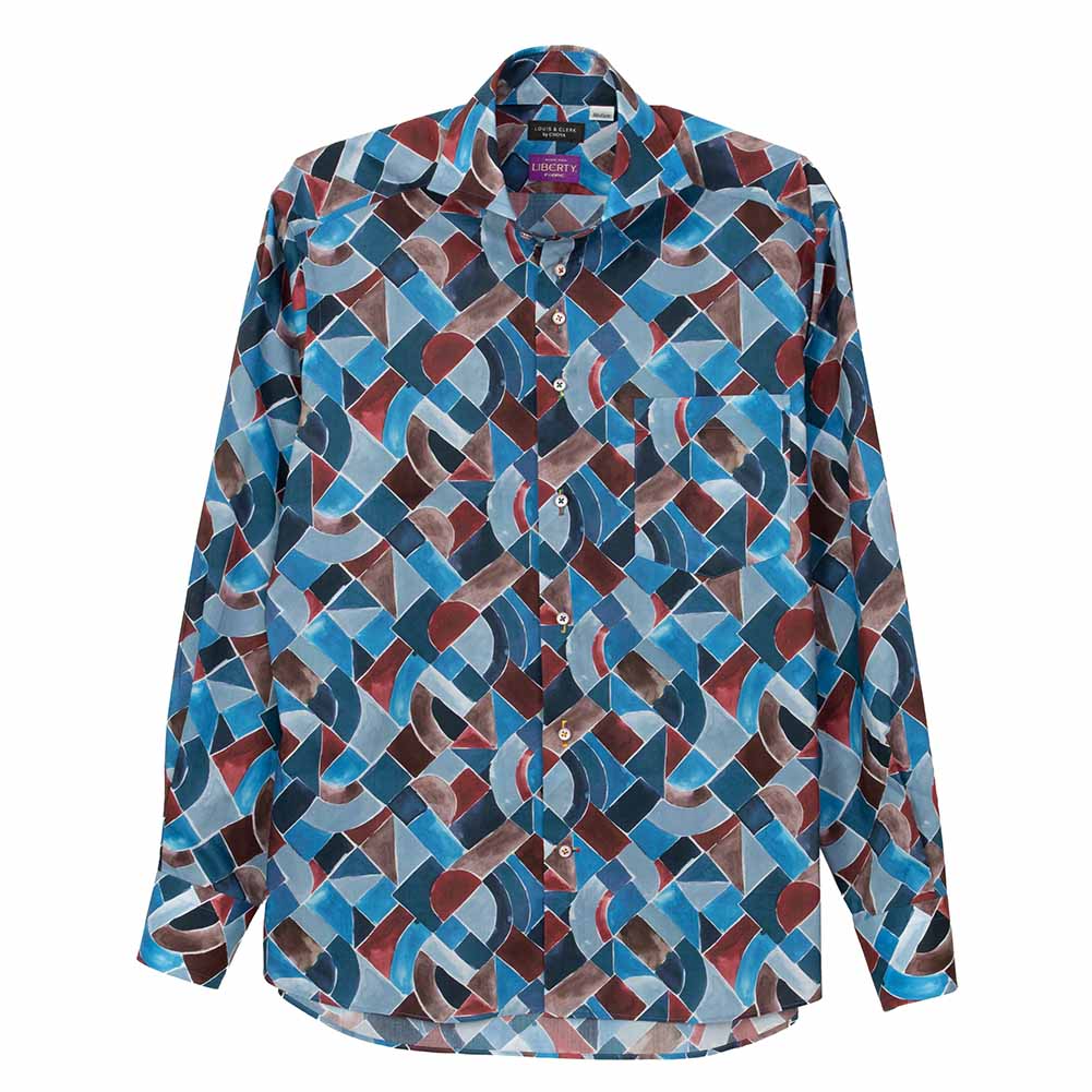 ワイシャツ プリント 総柄 幾何 ブルー ブロード LOUIS & CLERK