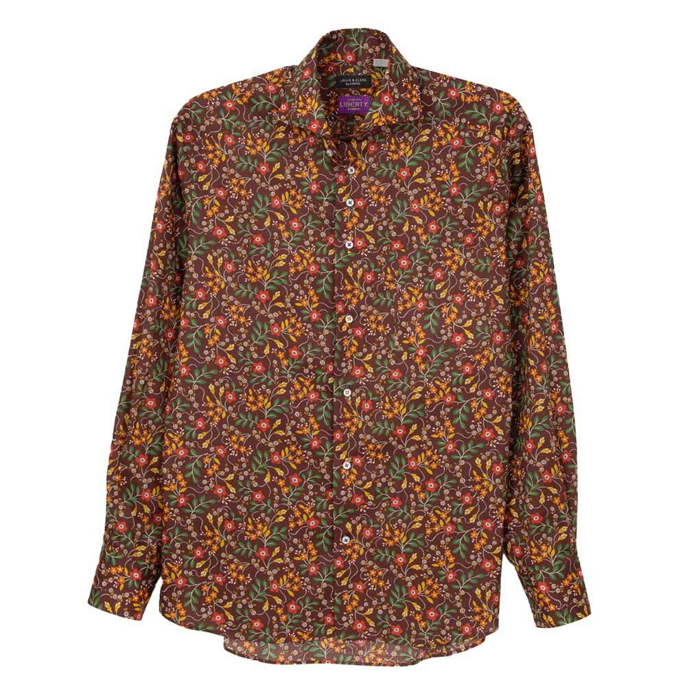 ワイシャツ プリント 総柄 花柄 草木、ボタニカル ブラウン ブロード