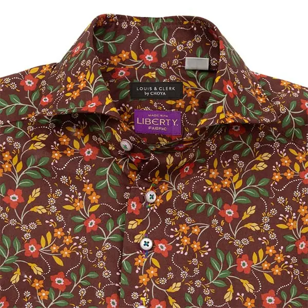 ワイシャツ プリント 総柄 花柄 草木、ボタニカル ブラウン ブロード