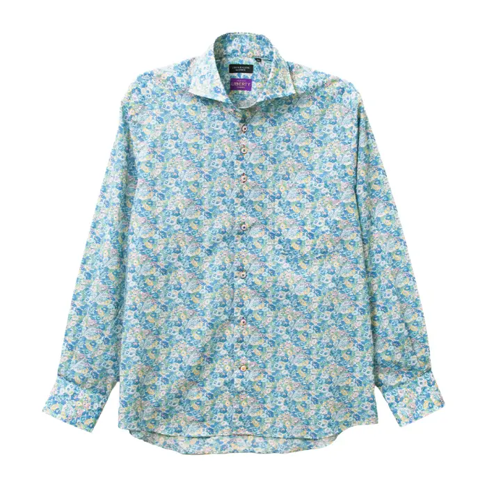 ワイシャツ 花柄 プリント 草木、ボタニカル 総柄 ブルー ブロード