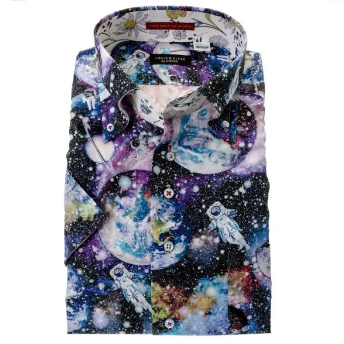 国産 半袖 綿100％ドレスシャツ レギュラーフィット ボタンダウン プリント 宇宙飛行士 惑星 銀河 コスミック 胸ポケット有