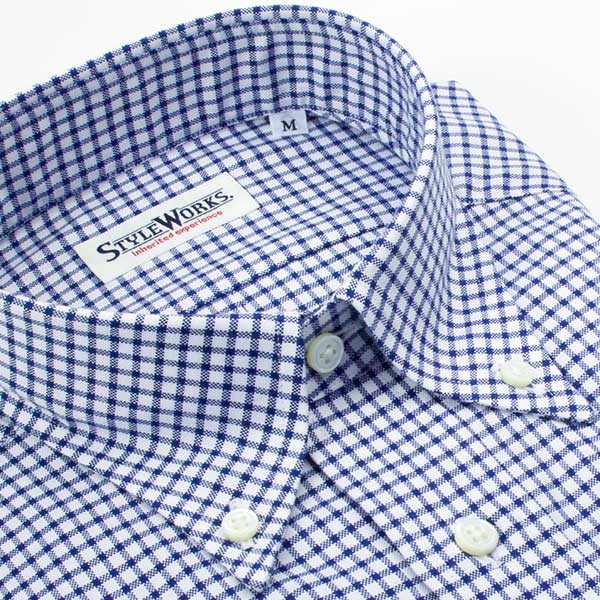 ワイシャツ スリムフィット チェック ブルー  オックスフォード   STYLE WORKS
