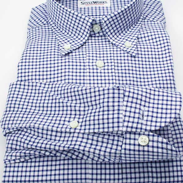 ワイシャツ スリムフィット チェック ブルー  オックスフォード   STYLE WORKS