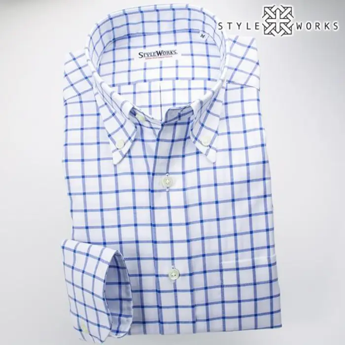 国産オリジナル長袖ドレスシャツ ボタンダウンカラー ブルーグラフチェック・シャンブレーオックスフォード アメリカントラッド