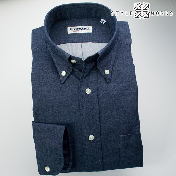 STYLE WORKS(スタイルワークス) 長袖ボタンダウン ネイビー ワイシャツ【OUTLETS】