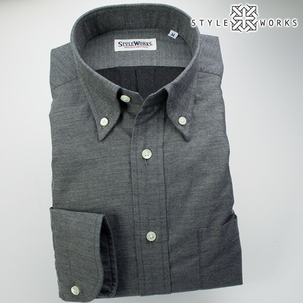 STYLE WORKS(スタイルワークス) 長袖ボタンダウン グレー ワイシャツ【OUTLETS】