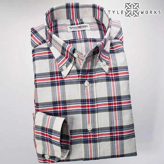 国産長袖ドレスシャツ ボタンダウンカラー 製品洗い加工 タータンチェック コットンオックスフォード トリコロール