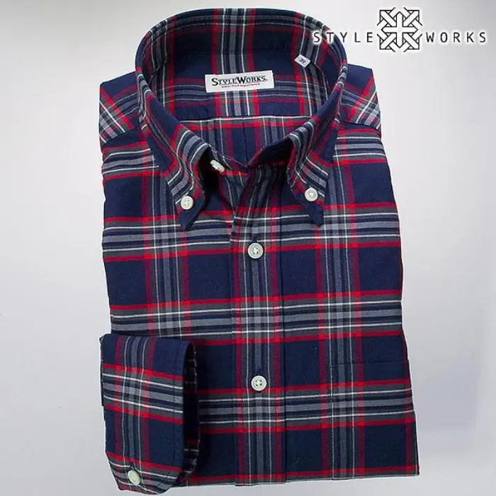 国産長袖ドレスシャツ ボタンダウンカラー 製品洗い加工 タータンチェック コットンオックスフォード ブルー・レッド・グレー