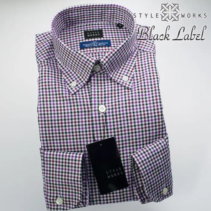 国産オリジナル長袖ドレスシャツ ボタンダウンカラー 製品洗い加工 シェパードチェック・オックスフォード ネイビー・パープル