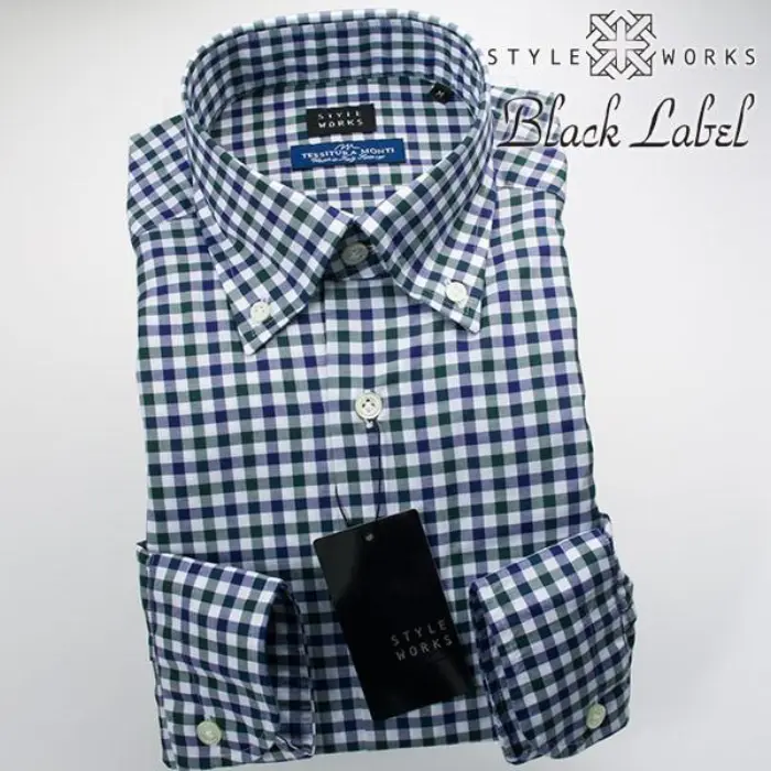 国産オリジナル長袖ドレスシャツ ボタンダウンカラー 製品洗い加工 シェパードチェック モスグリーン・ネイビー