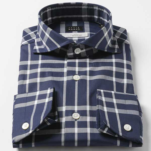 STYLE WORKS(スタイルワークス) 長袖カッタウェイ ネイビー ワイシャツ【OUTLETS】