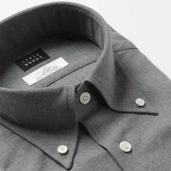 ワイシャツ スリムフィット 無地 グレー  フランネル   STYLE WORKS