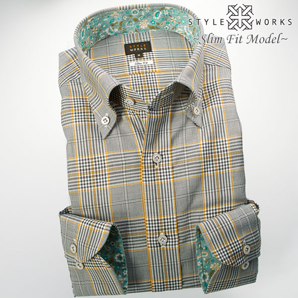 長袖ボタンダウン ブラウン ワイシャツ スリムフィット STYLE WORKS【OUTLETS】