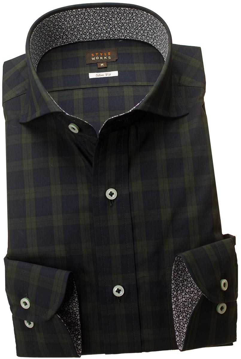 長袖カッタウェイ グリーン ワイシャツ スリムフィット STYLE WORKS【OUTLETS】