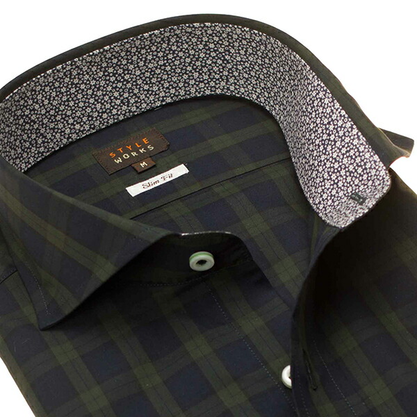長袖カッタウェイ グリーン ワイシャツ スリムフィット STYLE WORKS【OUTLETS】