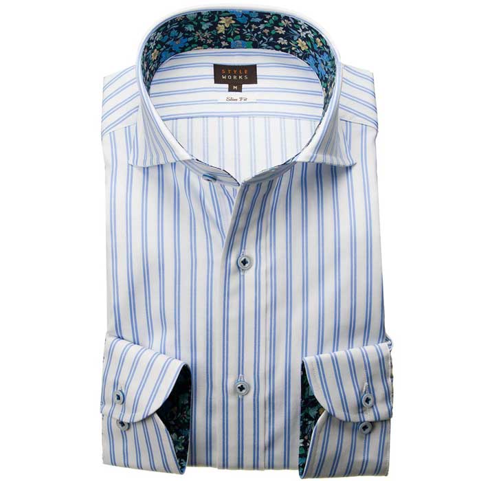 長袖カッタウェイ ブルー ワイシャツ スリムフィット STYLE WORKS【OUTLETS】