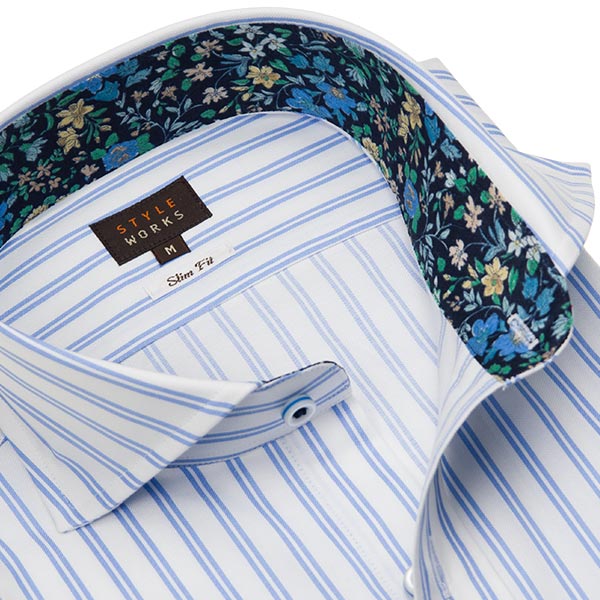 長袖カッタウェイ ブルー ワイシャツ スリムフィット STYLE WORKS【OUTLETS】