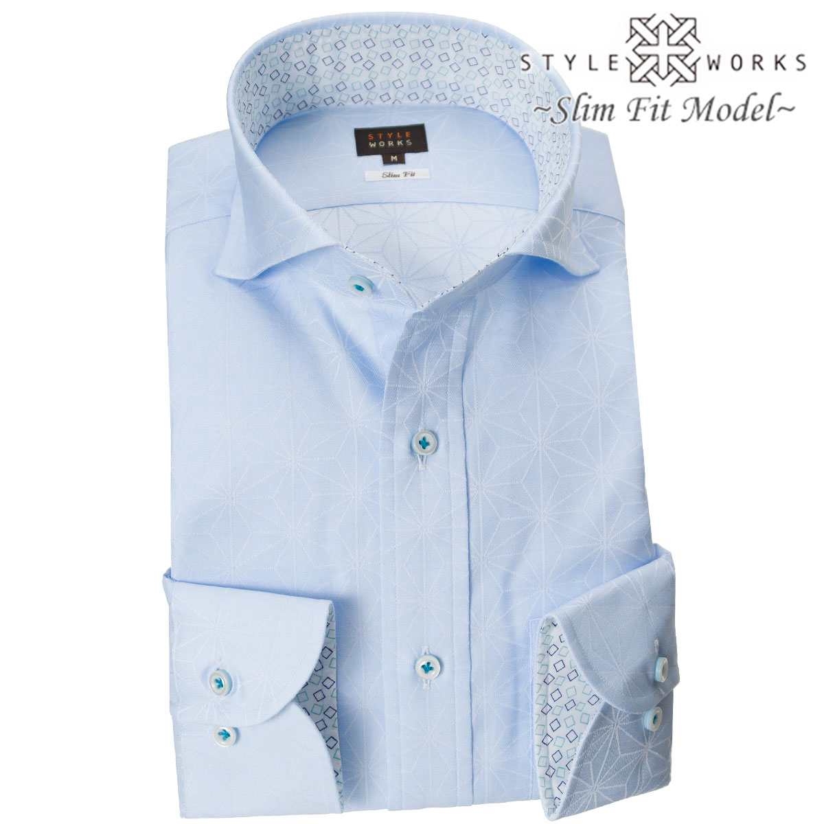 長袖カッタウェイ ブルー ワイシャツ スリムフィット STYLE WORKS【OUTLETS】