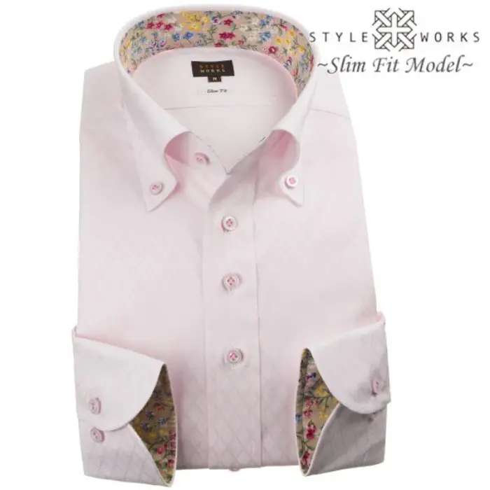 国産綿100長袖ドレスシャツ スリムフィット ライトピンク ジャガード織ダイアチェック ピンドット ボタンダウン
