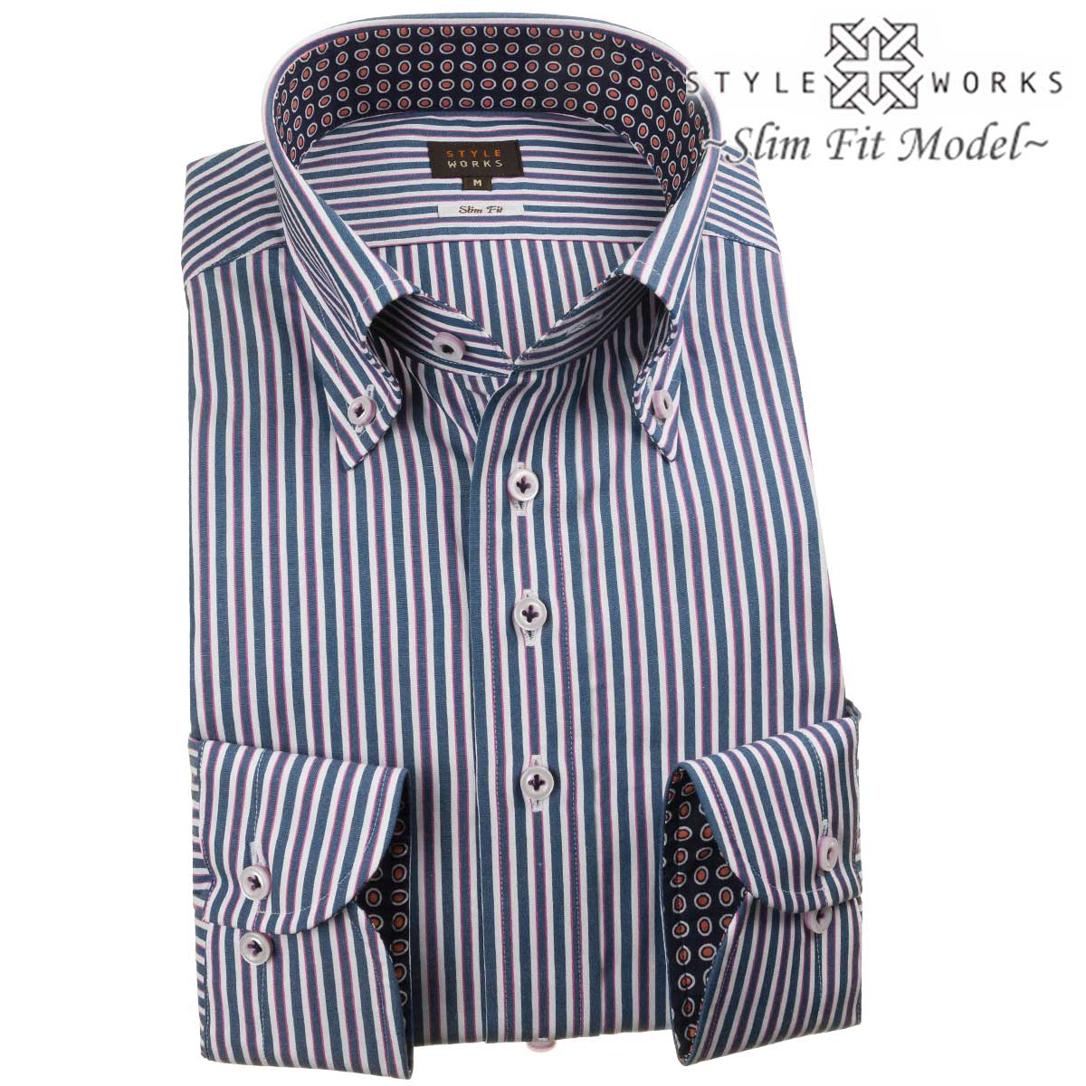 長袖ボタンダウン ネイビー ワイシャツ スリムフィット STYLE WORKS【OUTLETS】