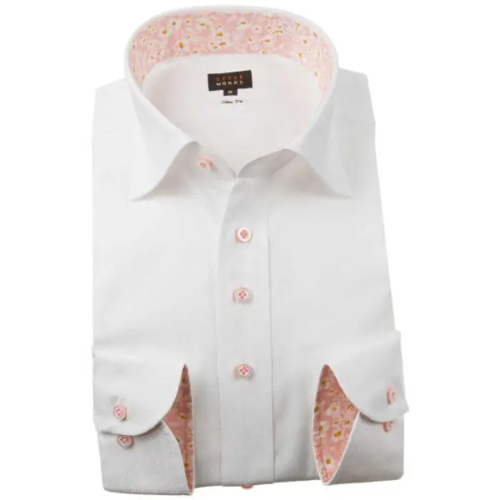 国産長袖ドレスシャツ スリムフィット 綿100％ ワイドカラー ホワイト ジャガード織ヘリンボーン風ストライプ