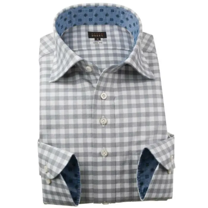 国産長袖ドレスシャツ スリムフィット 綿100％ ワイドカラー オックスフォード グレーギンガムチェック
