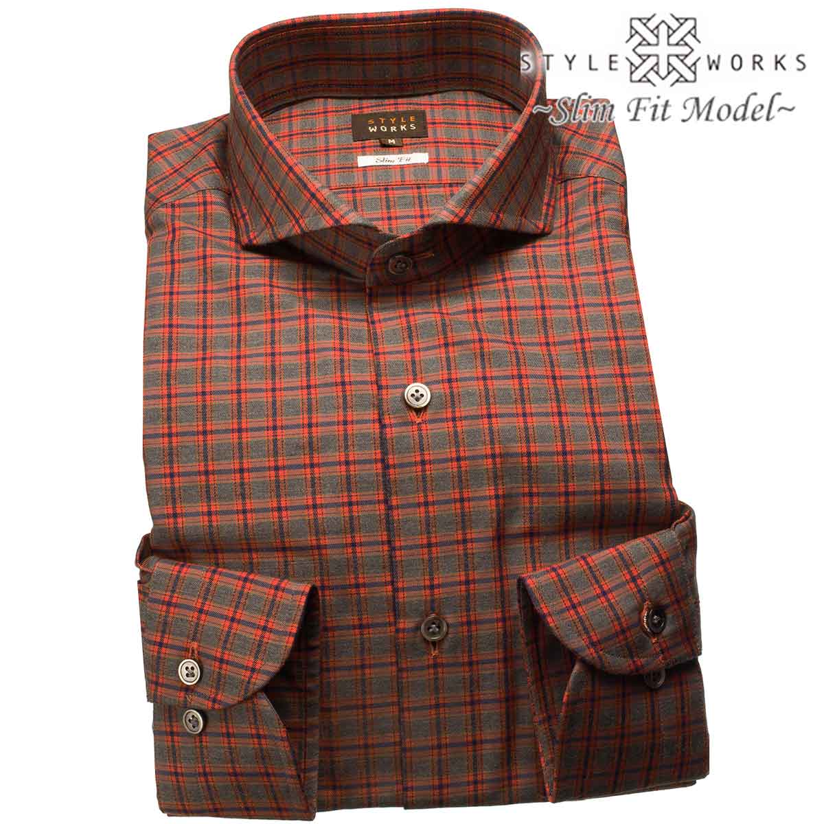 ◆ブランド／STYLEWORKS◆商品ジャンル／長袖ワイシャツ◆サイズ展開／S,M,L,LL,◆シルエット／スリムフィット◆衿型／カッタウェイ◆袖丈／長袖◆色／レッド◆柄／チェック柄先染め生地◆前立／