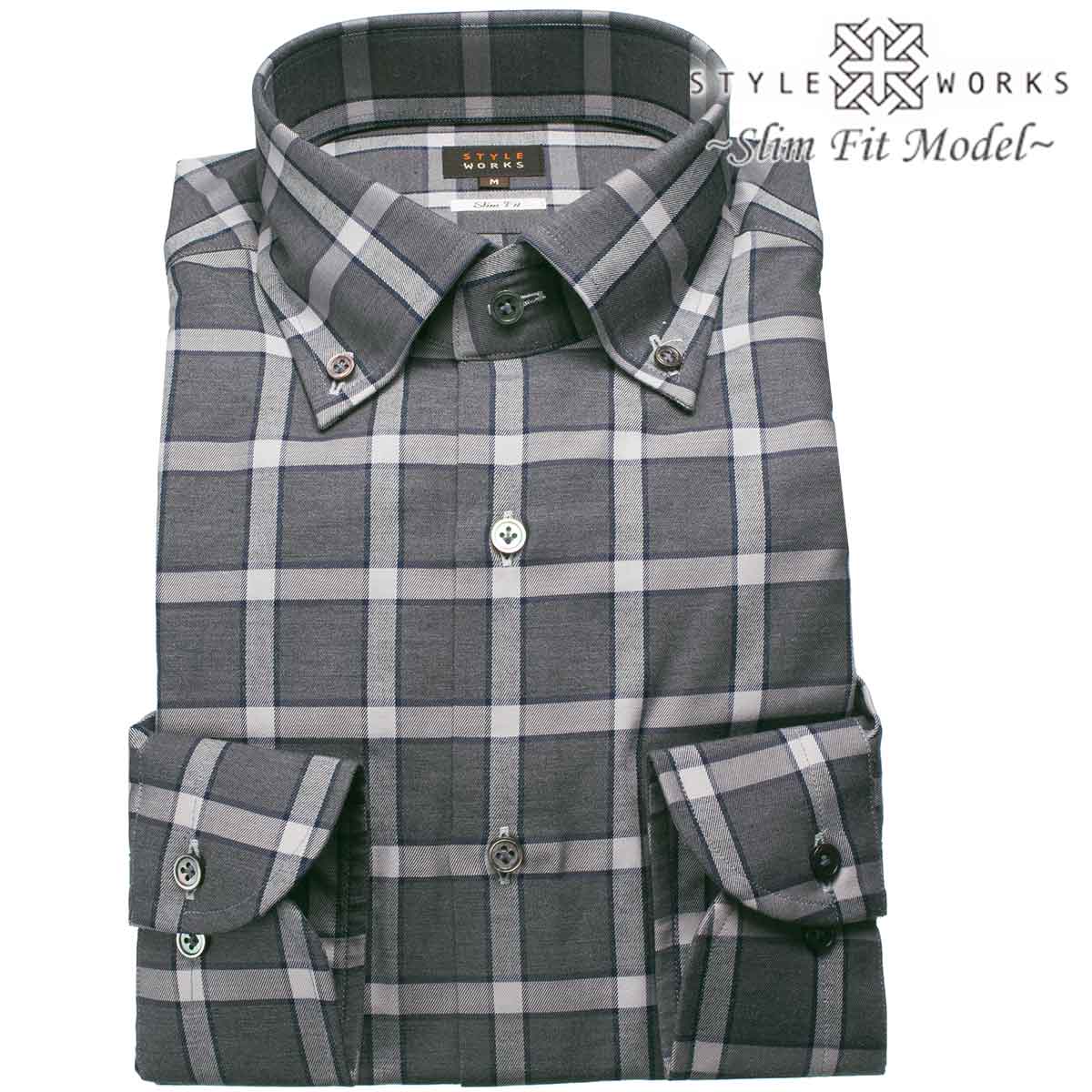 ◆ブランド／STYLEWORKS◆商品ジャンル／長袖ワイシャツ◆サイズ展開／S,M,L,LL,◆シルエット／スリムフィット◆衿型／ボタンダウン◆袖丈／長袖◆色／グレー◆柄／チェック柄先染め生地◆前立／